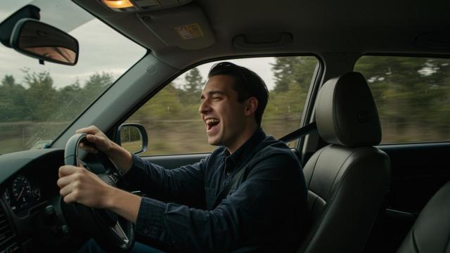 Un hombre canta mientras conduce.