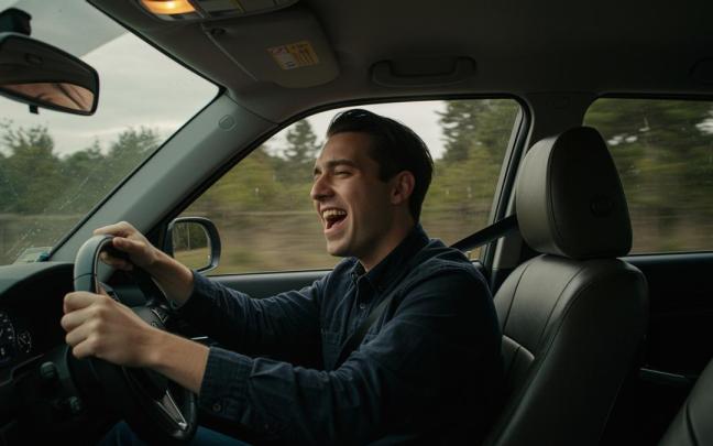 Un hombre canta mientras conduce.
