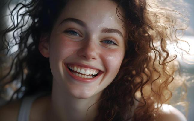 Una mujer sonríe con las mejillas sonrojadas.