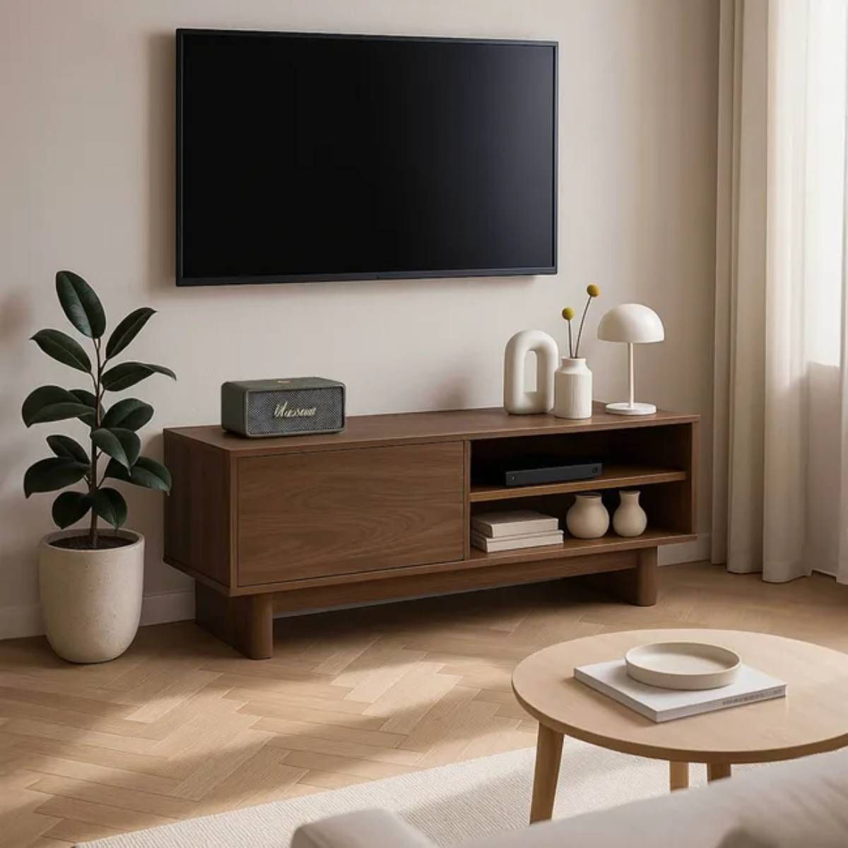 Mueble de televisión de madera oscura.
