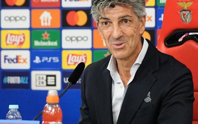 Imanol Alguacil, durante la rueda de prensa en Lisboa en la previa del partido contra el Benfica. / R.S.