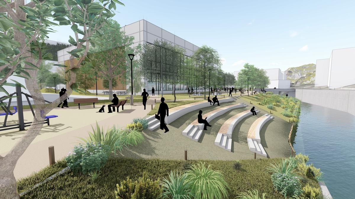 Se recuperará la ribera del río Aramaio en el lugar donde hoy se sitúan los frontones devolviendo el cauce a su espacio natural. En ese punto se habilitará una zona en forma de anfiteatro.