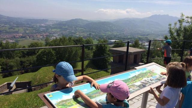 Niños observando el mapa del mirador del fuerte.