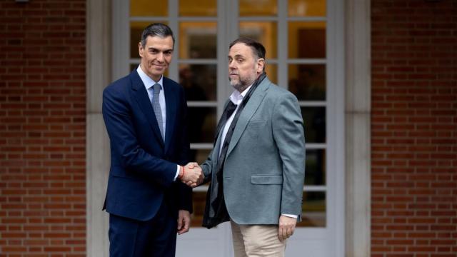 El presidente del Gobierno, Pedro Sánchez, recibe al presidente de Esquerra Republicana de Catalunya (ERC), Oriol Junqueras en el Palacio de la Moncloa.