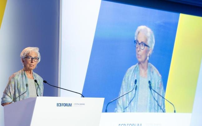 Christine Lagarde durante su intervención en el foro anual del BCE que se celebra en Sintra, Portugal.