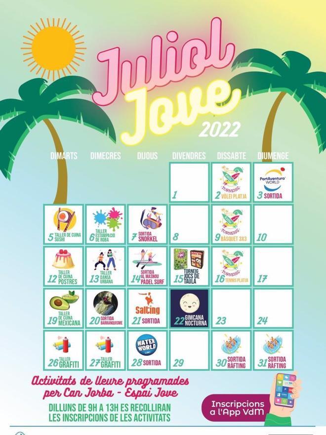Calendario de actividades del Juliol Jove de Vilassar de Mar.