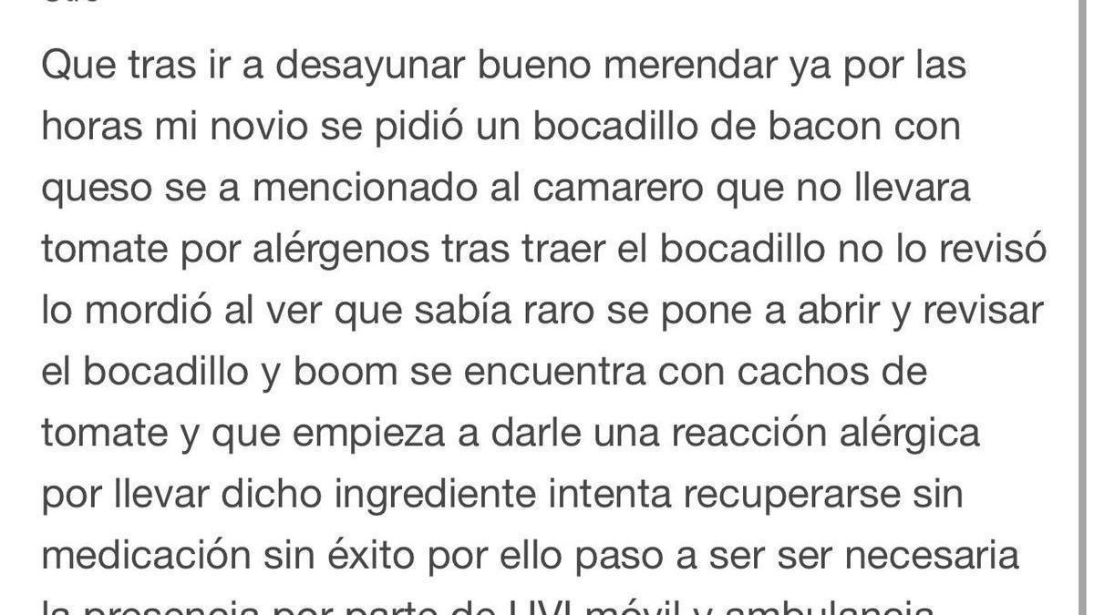 Reseña que un cliente ha publicado en Internet