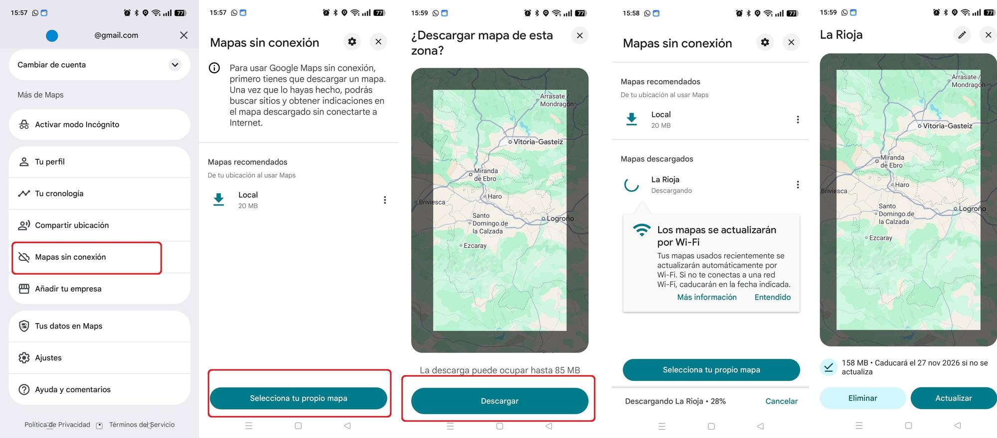 Pasos para activar 'Mapas sin conexión' desde el perfil del usuario.