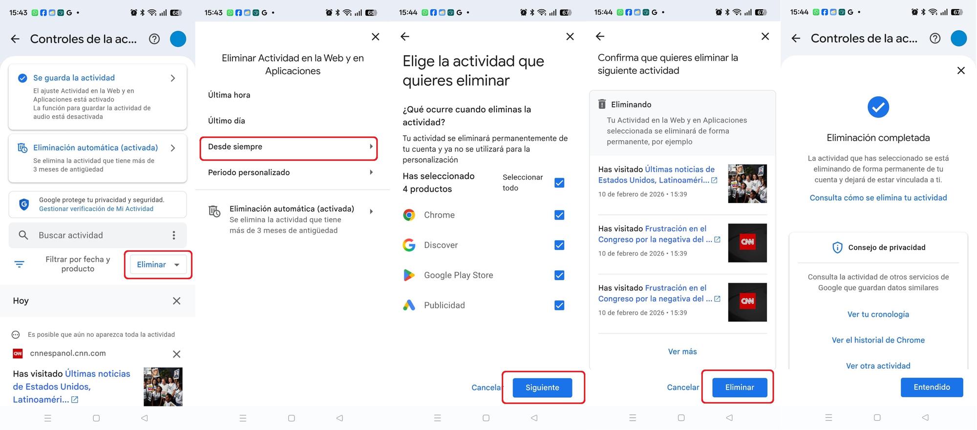 Combo con los últimos pasos para borrar el historial de en las diferentes apliaciones de Google.