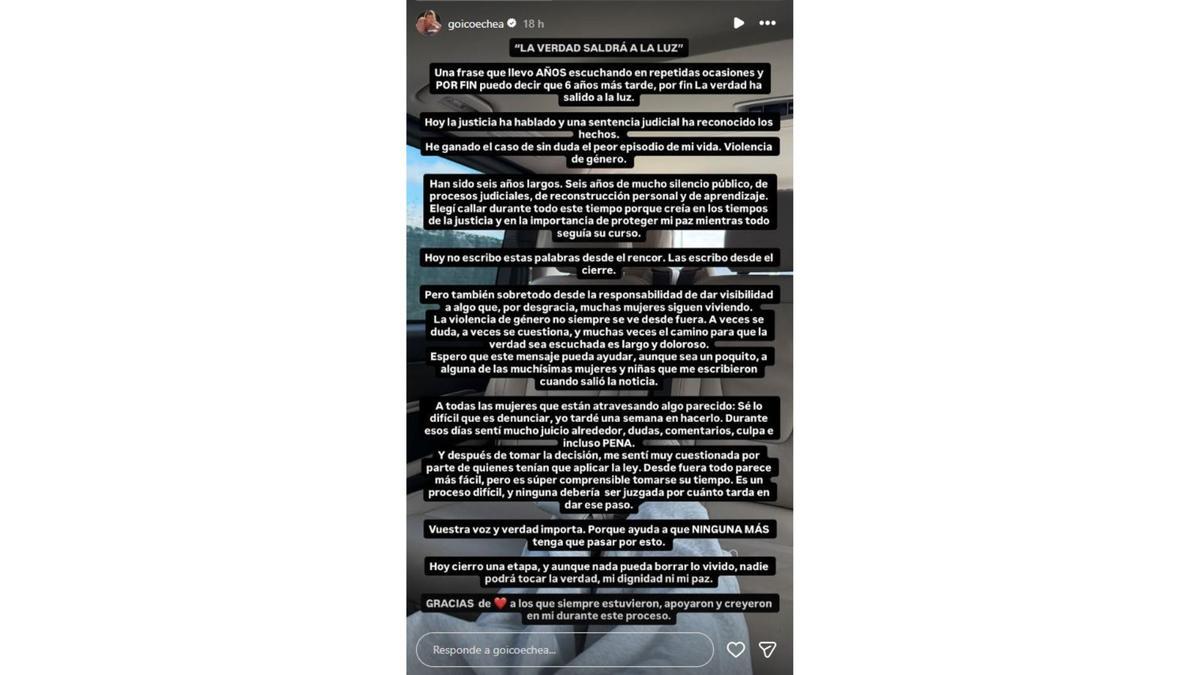 Comunicado publicado por Jessica Goicoechea en sus redes sociales