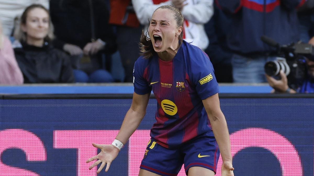 La delantera del FC Barcelona Ewa Pajor, celebrando uno de los goles de su equipo.