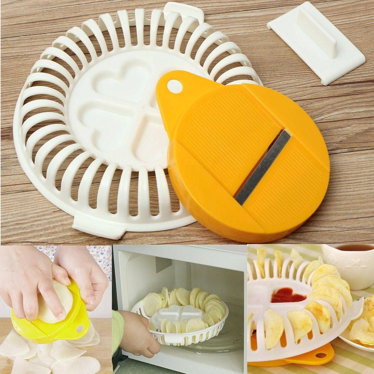 Bluelover es un accesorio de cocina multifunción que consta de dos piezas básicas: un cortador manual de patatas y un soporte en forma de bandeja para microondas donde se colocan las rodajas para que se cocinen al vapor seco