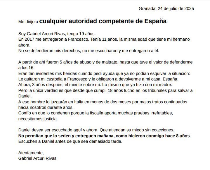Carta de Gabriel Arcuri, 24 de julio de 2025.