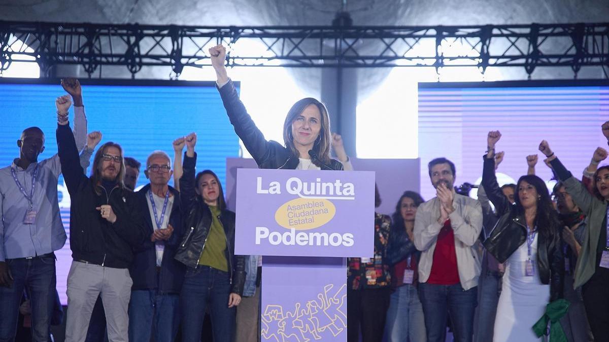 La secretaria general de Podemos y diputada, Ione Belarra, interviene durante la V Asamblea Ciudadana de Podemo
