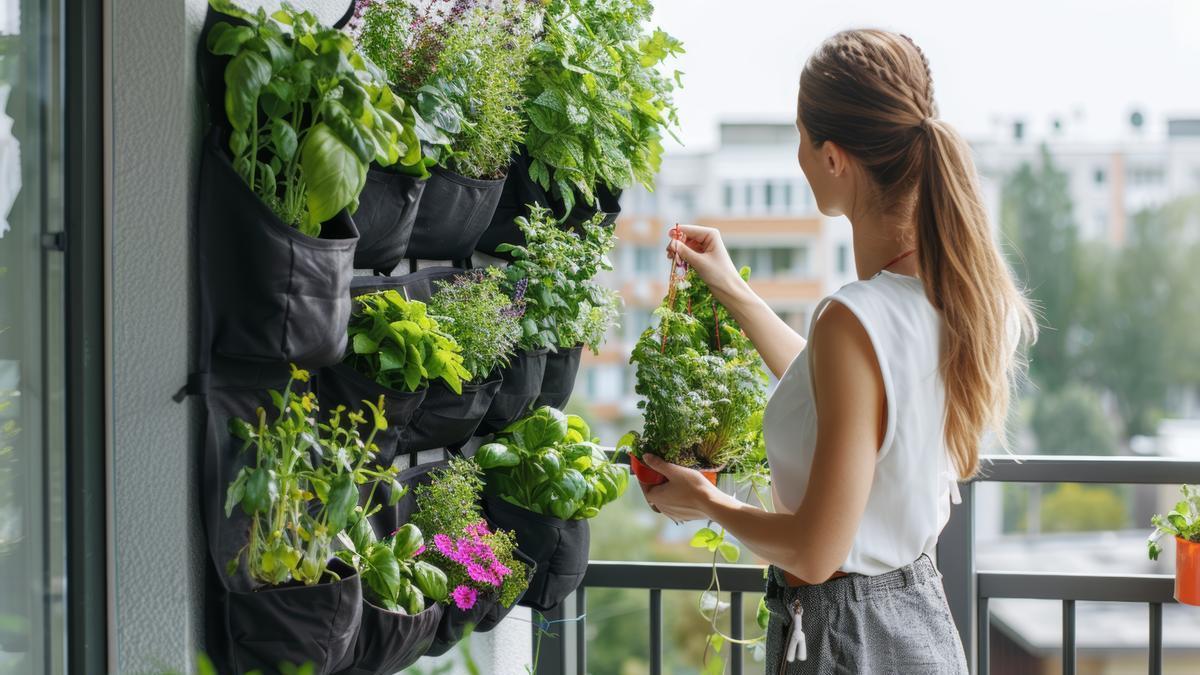 Mujer con un jardín vertical en su balcón.