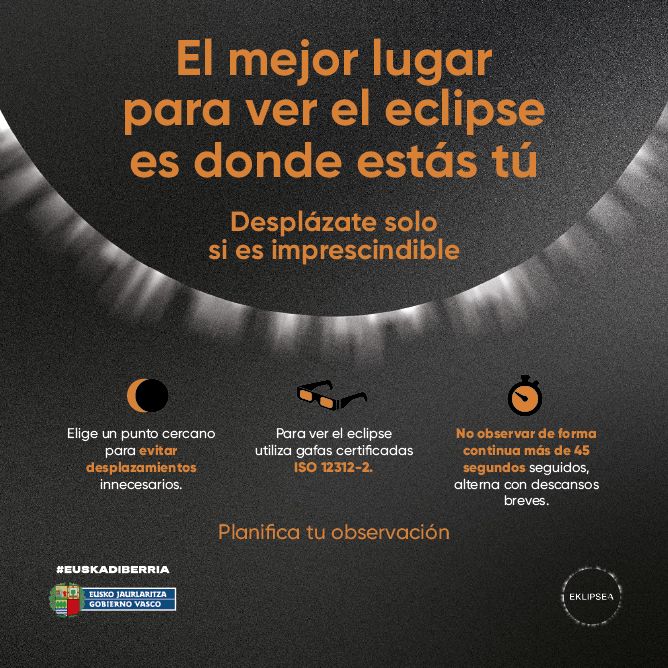 Cartel sobre las recomendaciones del Gobierno Vasco para ver el eclipse de forma segura.