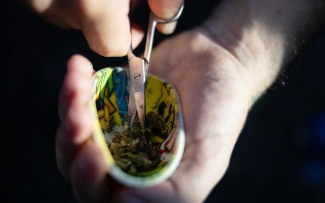 Un consumidor de cannabis, preparando dicha sustancia estupefaciente.