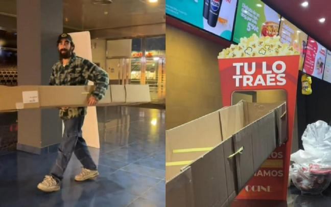 El joven, con la enorme caja-cubo que debía introducir en el agujero de las palomitas.