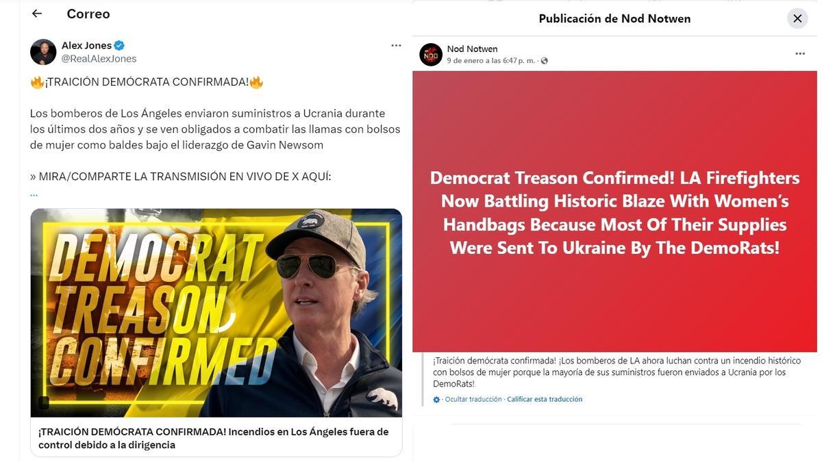 Dos mensajes que han circulado por las redes acusando a las demócratas de que suministros de los bomberos de Los Ángeles han sido desviados a Ucrania.