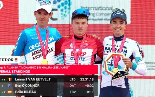 Pello Bilbao (d), en el podio del UAE Tour.