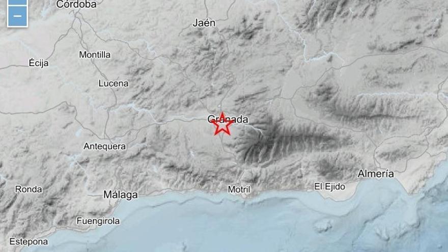 Mapa de la provincia de Granada con la señalización del epicentro de un seísmo sentido en Churriana de la Vega
