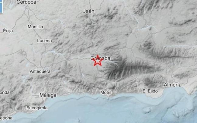 Mapa de la provincia de Granada con la señalización del epicentro de un seísmo sentido en Churriana de la Vega