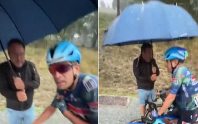 Mikel Landa terminó bajo el paraguas de un aficionado.