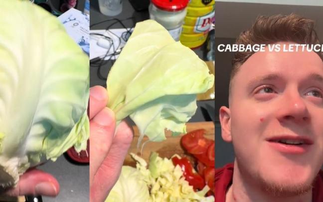 El joven, manipulando la lechuga.