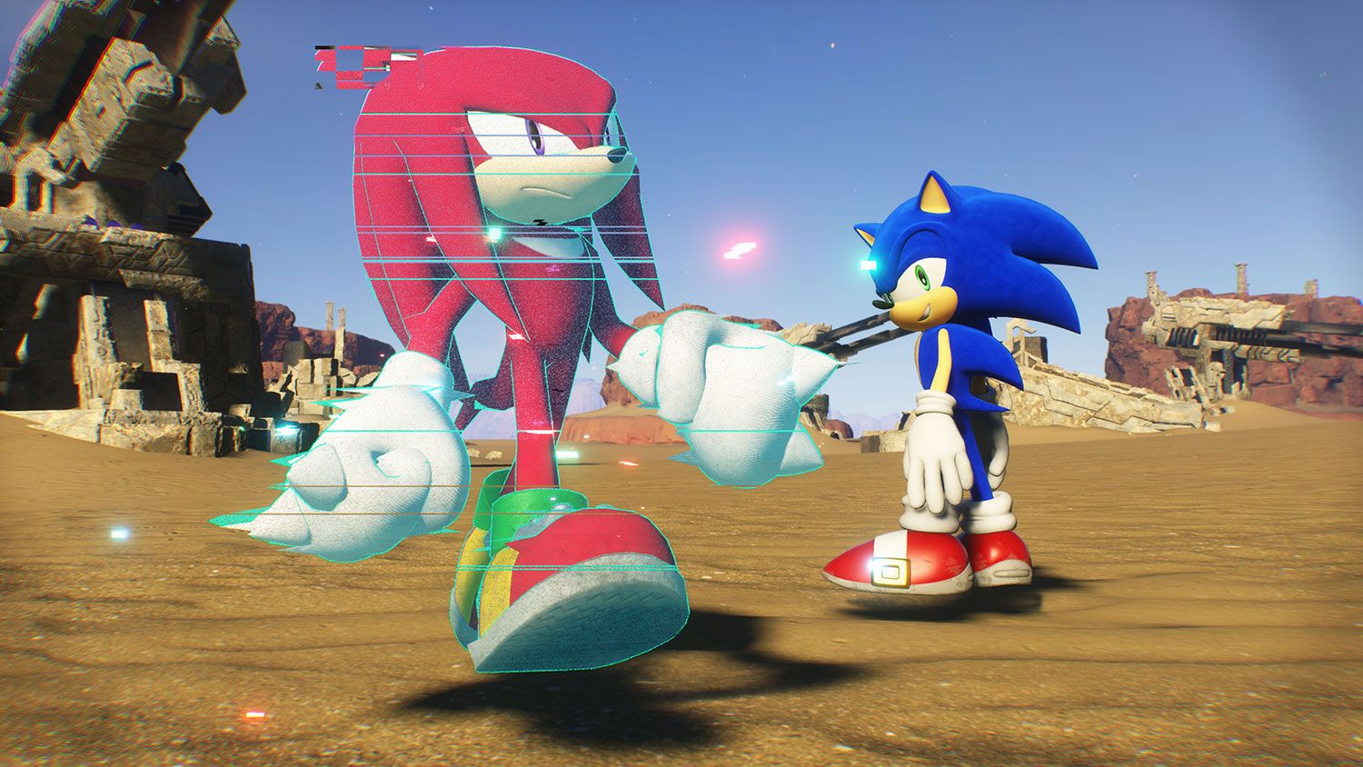 El protagonista del juego, Sonic, junto a una imagen virtual de su compañero Knuckles.