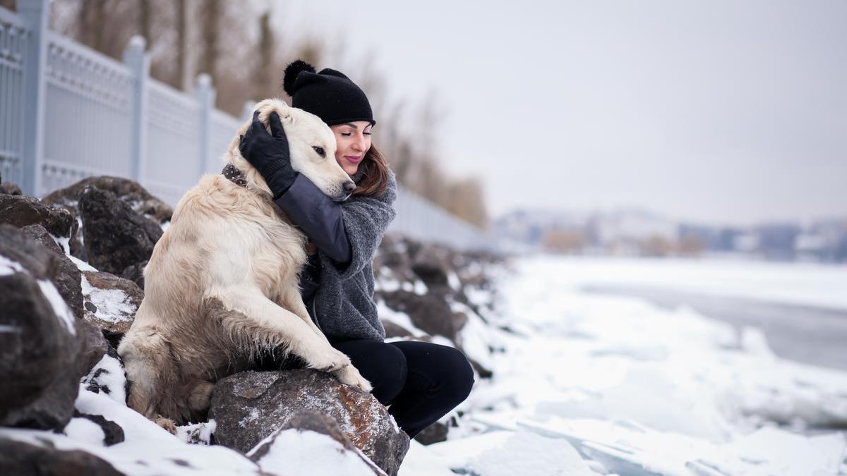 Perro junto a su dueña en la nieve