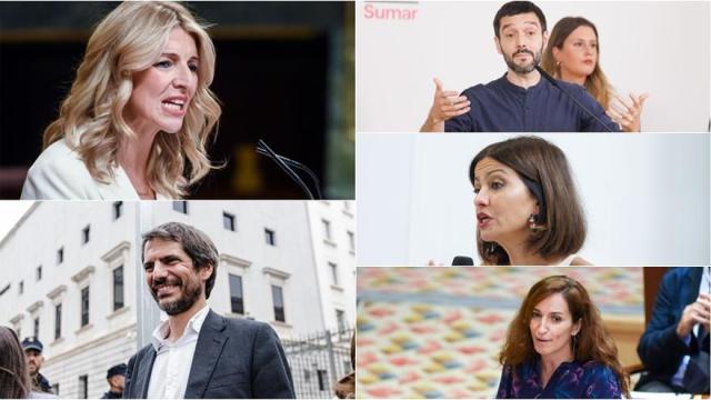 A la izquierda, Yolanda Diaz y Ernest Urtasun; a la derecha, Pablo Bustinduy, Sira Rego y Mónica García.