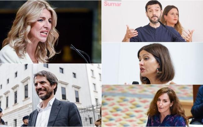 A la izquierda, Yolanda Diaz y Ernest Urtasun; a la derecha, Pablo Bustinduy, Sira Rego y Mónica García.