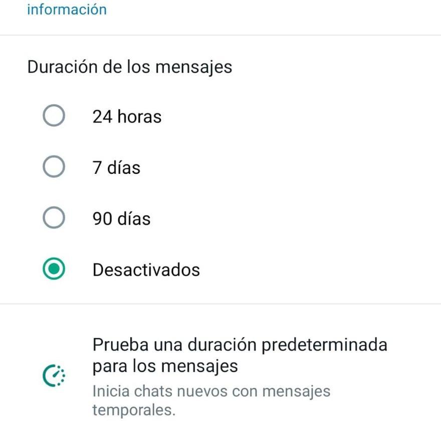Menú para seleccionar el tiempo que se conservan los mensajes del chat del que se quieren borrar.