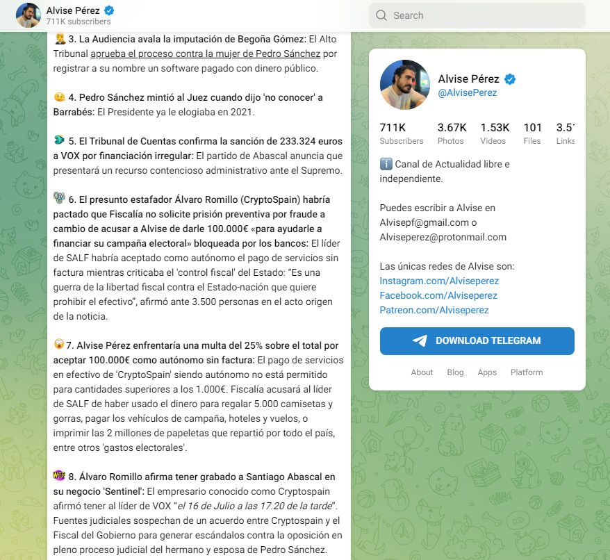 Los mensajes de Alvise Pérez colgados en su cuenta de Telegram.