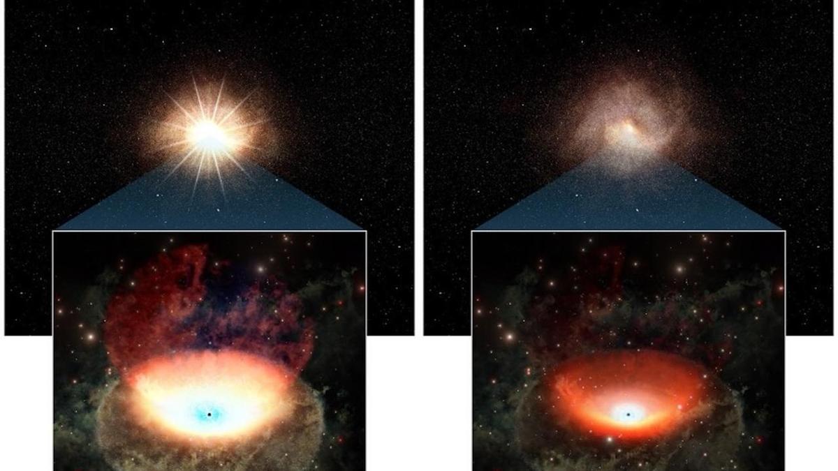Recreación de un agujero negro supermasivo que pierde brillo.