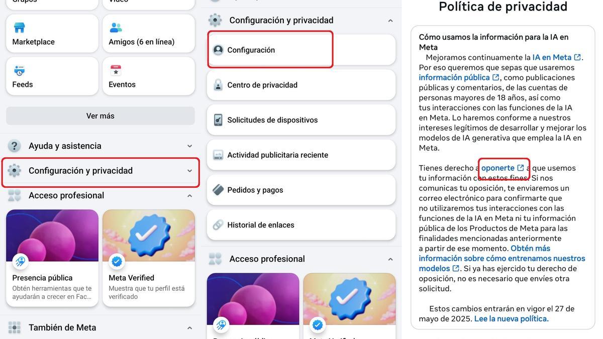 Combo con los pasos para prohibir el uso de los contenidos creados en Facebook. Es similar a Instagram