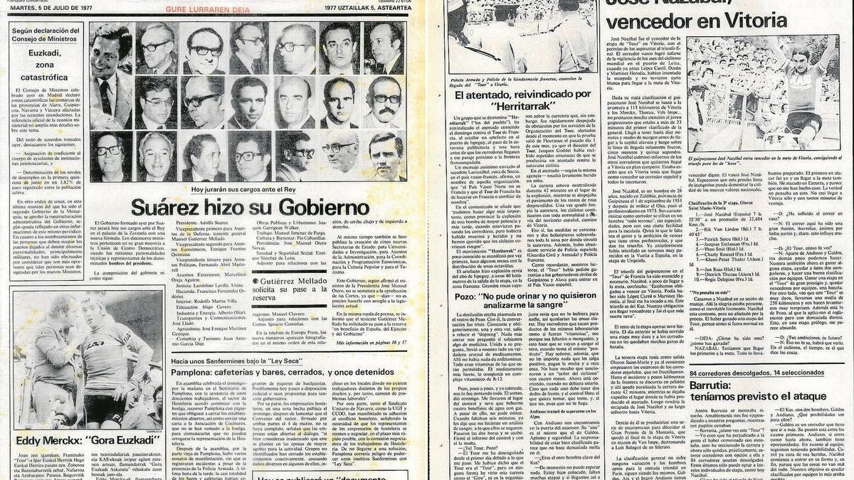 Primera página de la edición de DEIA el martes 5 de julio de 1977, el que fue su número 24, y a la derecha la información de la etapa que ganó Nazabal.