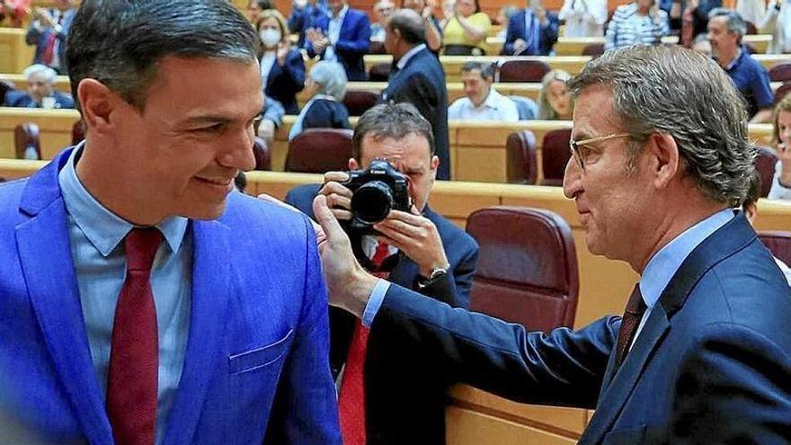 Sánchez y Feijoó se saludan antes de uno de sus cara a cara en el Senado.