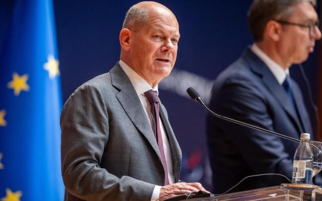 El canciller alemán Olaf Scholz, habla en una conferencia de prensa