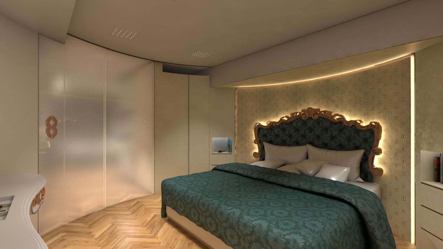 La habitación recuerda a la de un lujoso hotel.