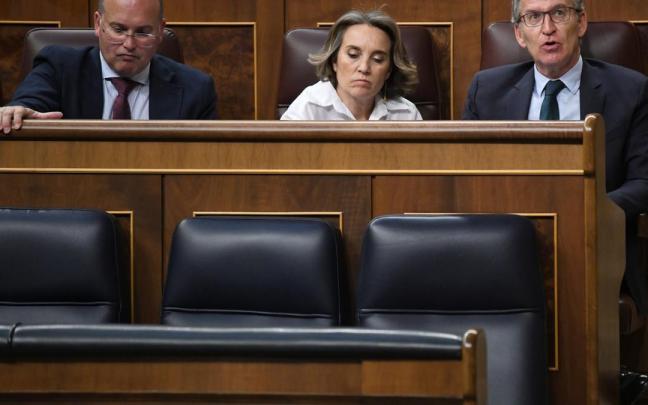 El presidente del PP, Alberto Núñez Feijóo, junto a Cuca Gamarra y Manuel Tellado, en el Congreso de los Diputados