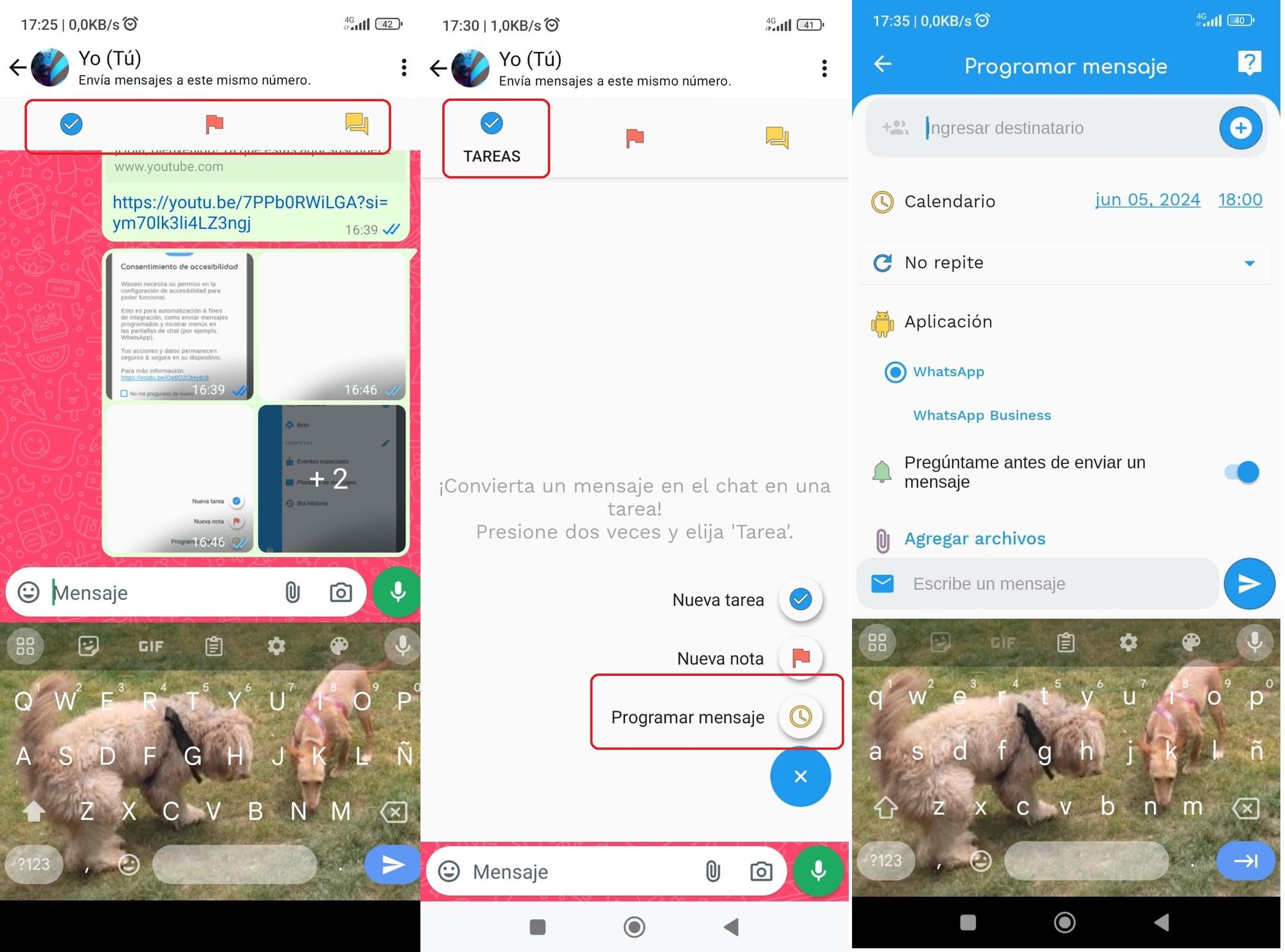 Pantallas para programar un mensaje desde WhatsApp, desde la barra flotantes a la izquierda a la panatalla con el menú a la derecha.a