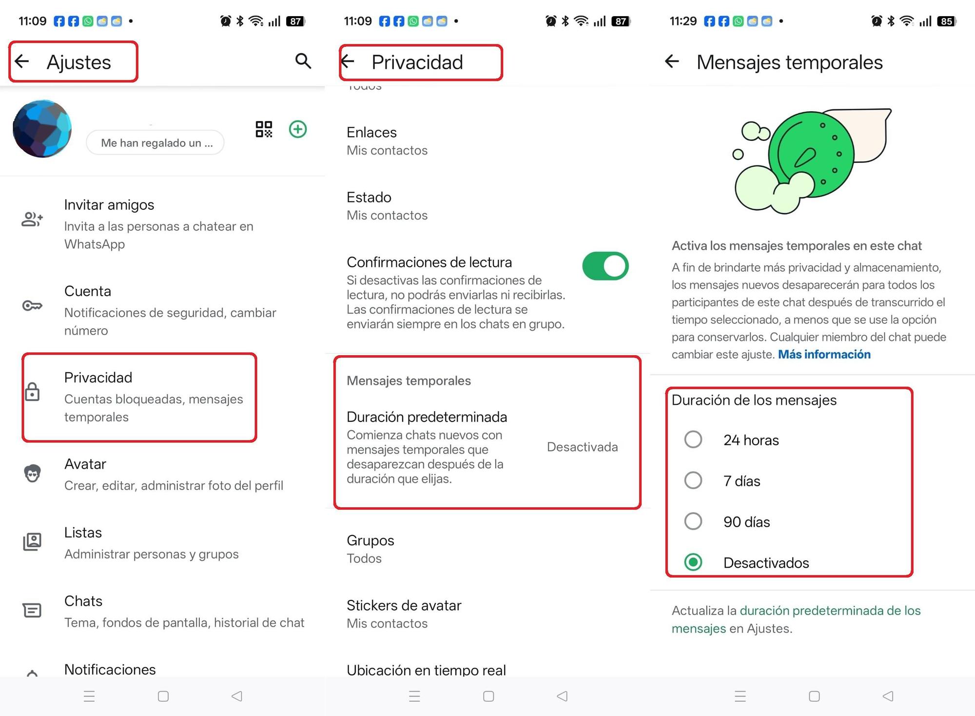 Las pantallas que siguen el camino hasta poder programar el borra automático de los mensajes de texto de WhatsApp.