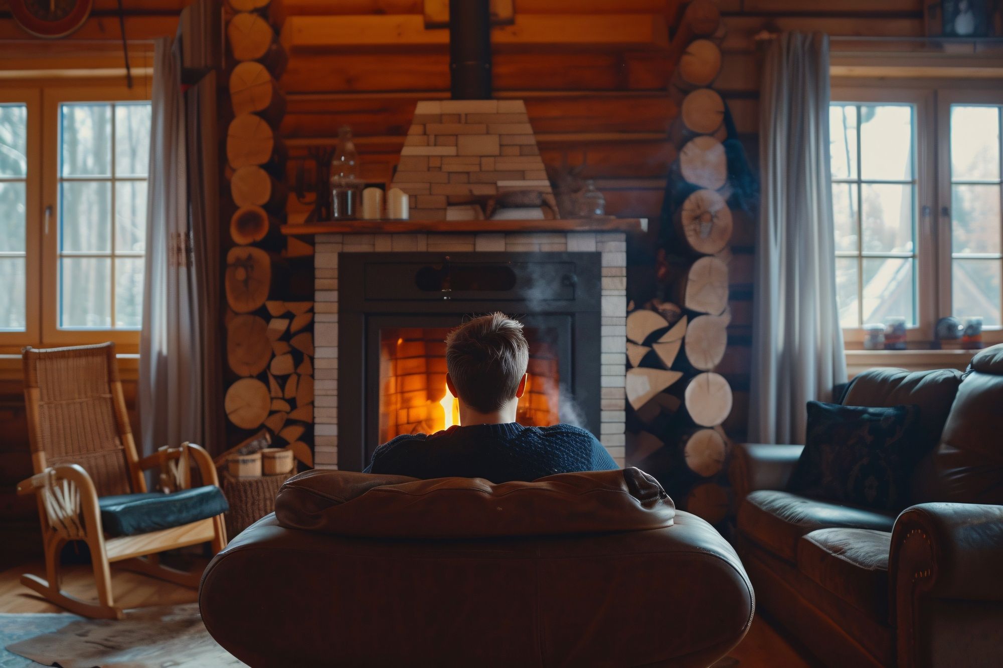 Un hombre descansa frente a una chimenea en una cabaña de madera.