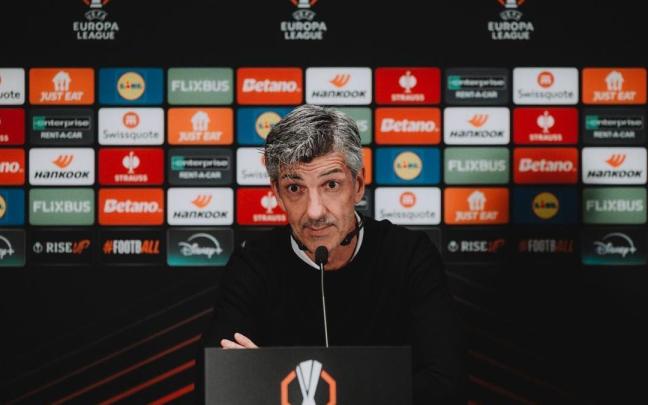 Imanol Alguacil, durante la rueda de prensa previa del Midtjylland contra la Real. / EUROPA LEAGUE