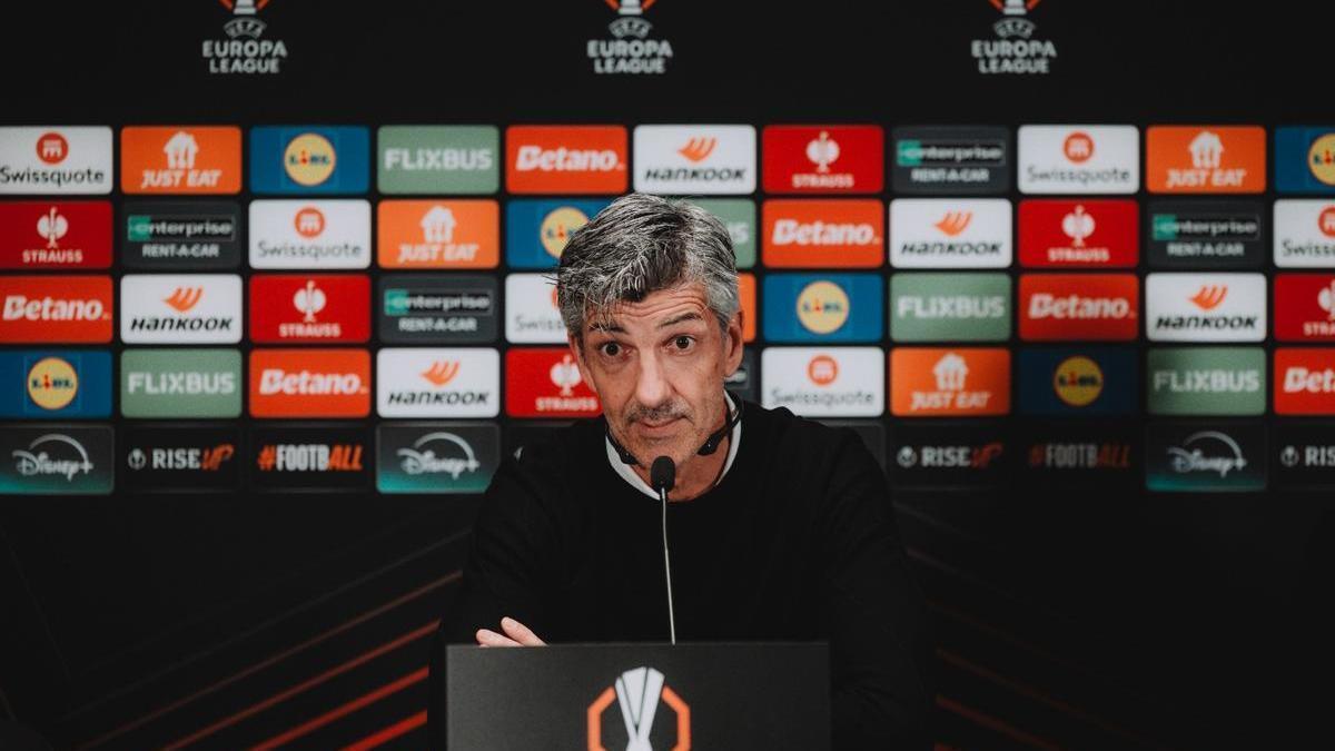 Imanol Alguacil, durante la rueda de prensa previa del Midtjylland contra la Real. / EUROPA LEAGUE