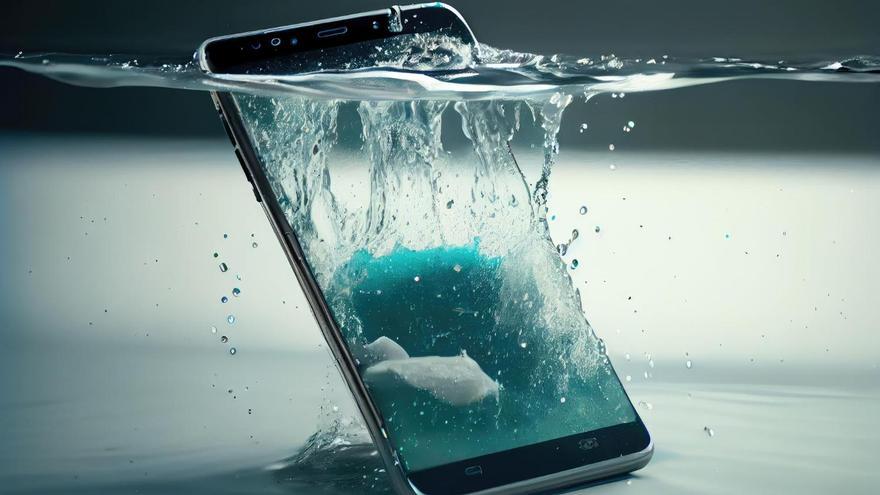 Un teléfono, sumergido en al agua.