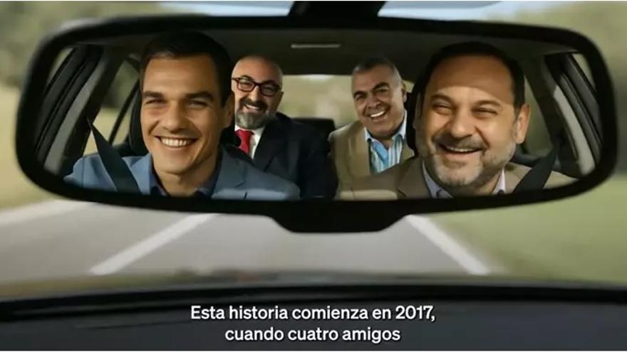 Imagen generada a través de IA por el Partido Popular en la que figuran Pedro Sánchez, José Luis Ábalos, Koldo García y Santos Cerdán dentro de un coche.
