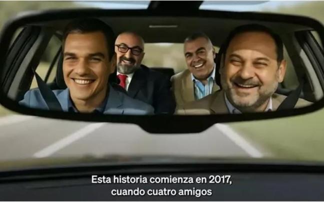 Imagen generada a través de IA por el Partido Popular en la que figuran Pedro Sánchez, José Luis Ábalos, Koldo García y Santos Cerdán dentro de un coche.