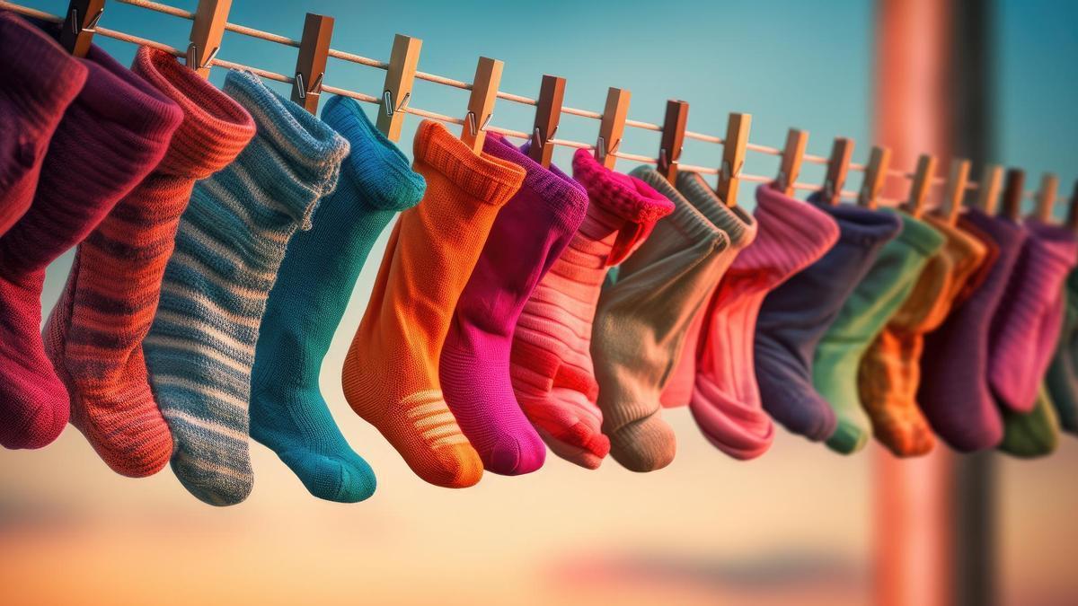 Coloridos calcetines cuelgan con pinzas de las cuerdas de un tendedor.